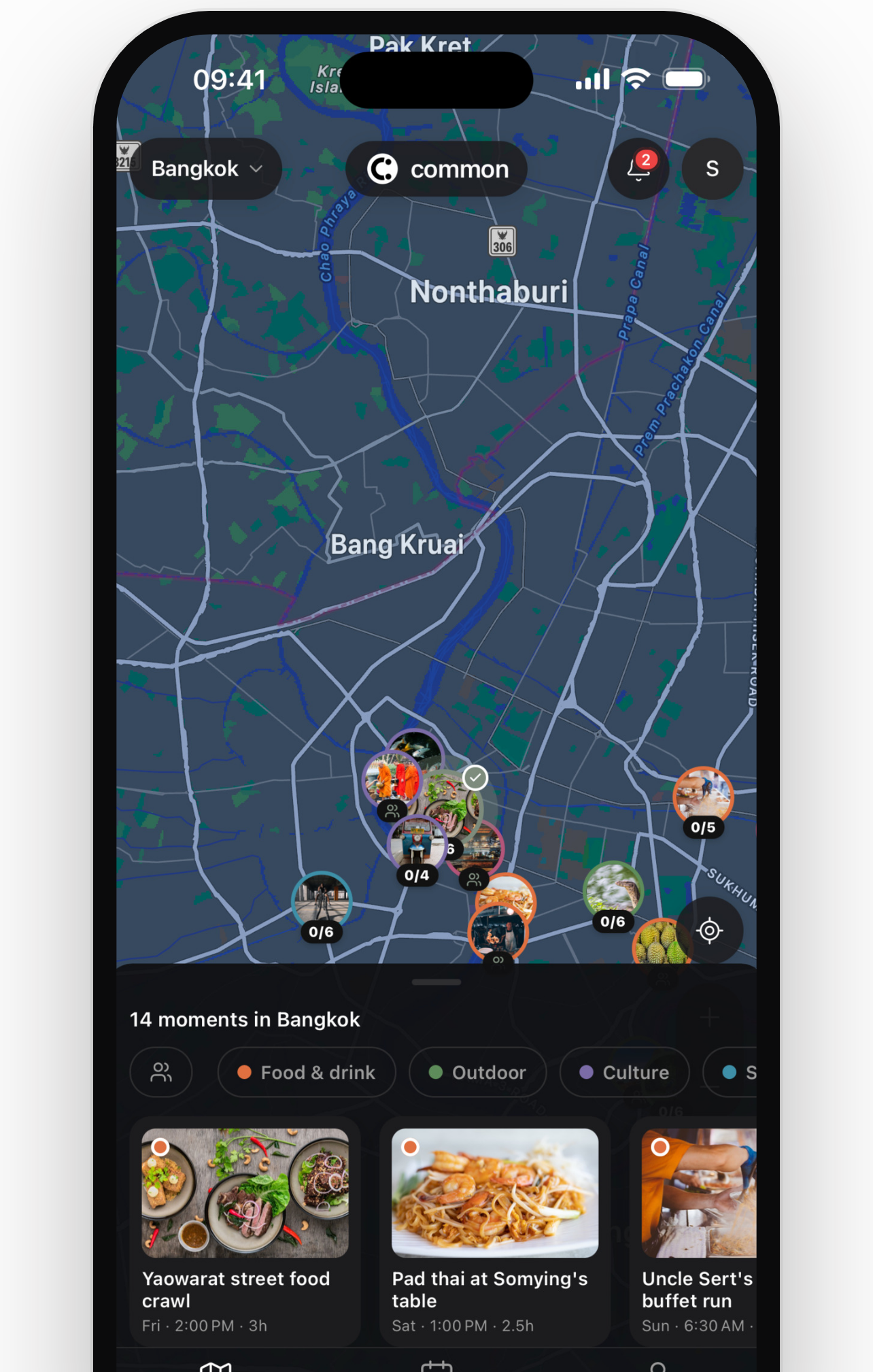 The Common app map, showing moments happening near you
